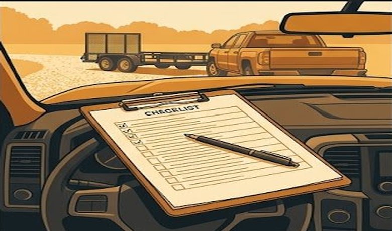Trailer registration checklist on clipboard sitting on truck dashboard
