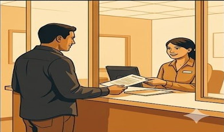 Person handing signed trailer title to county clerk at service counter