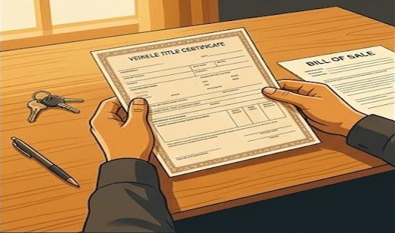 Person reviewing utility trailer title document and bill of sale before purchase
